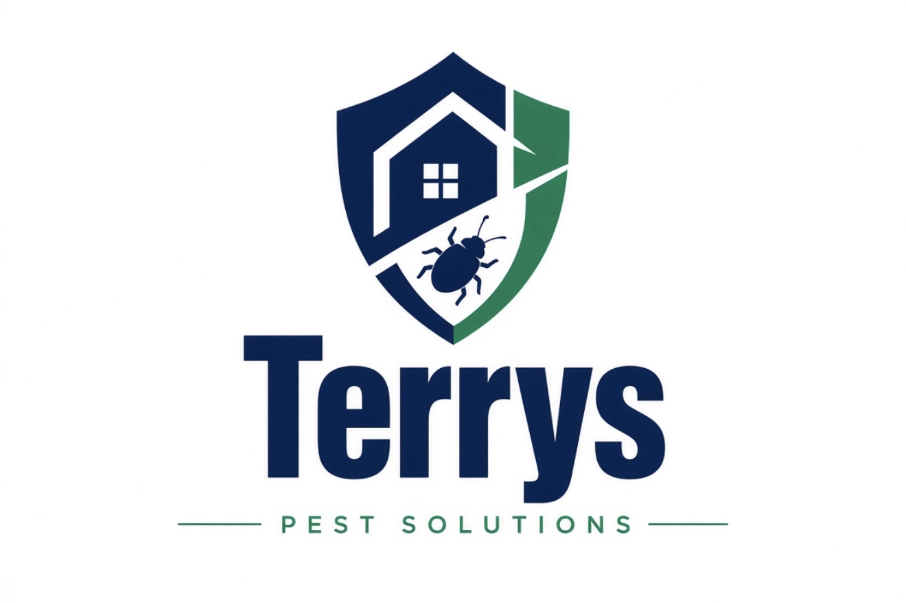 Terry’s Pest Solutions shield, home and insect logo